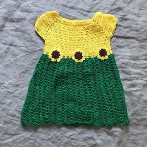 Crochet Green And Yellow New Born Baby Dress Flowers Accent | Sunflower Handmade